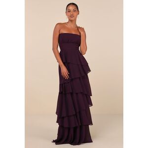 Lulus Gorgeous Essence Dark Purple Strapless Tiered Maxi Dress Size Medium